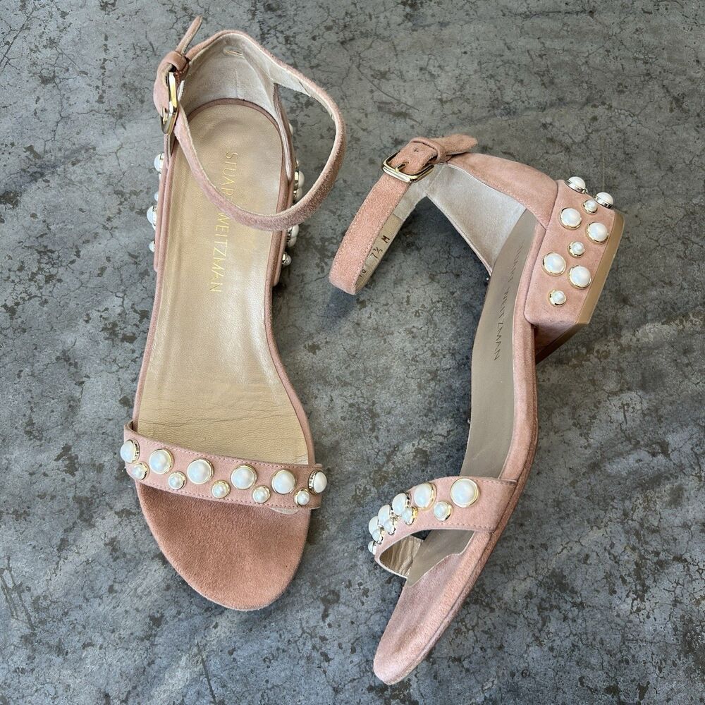 Stuart Weitzman Allpearls Blush Suede Pearl Sandal 7.5 Wedding Bridal Block Heel